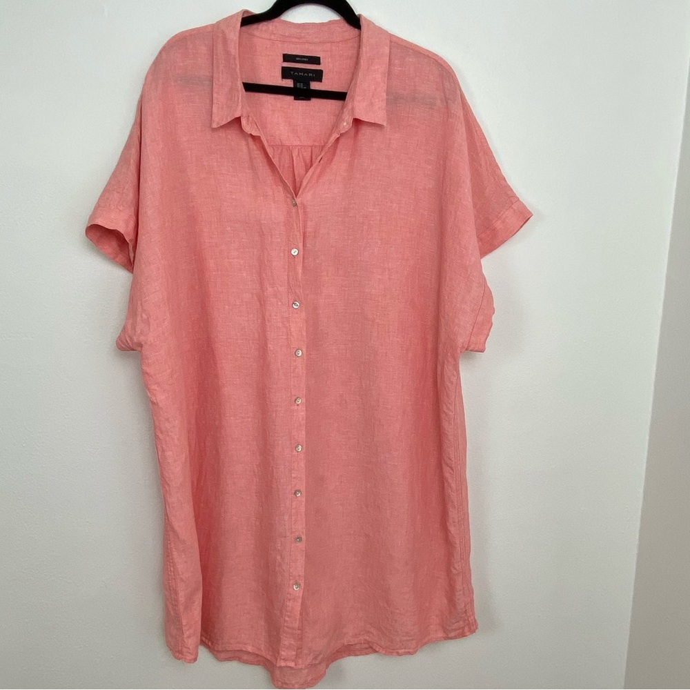 Tahari Coral Pink Linen Midi Shirt Dress